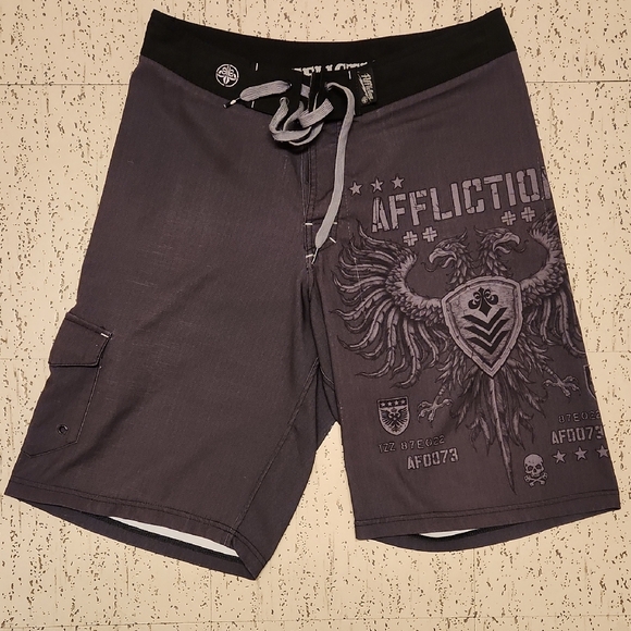 Affliction Other - Affliction Embroidered Spell Out Logo Full Graphic Shorts Grey And Black